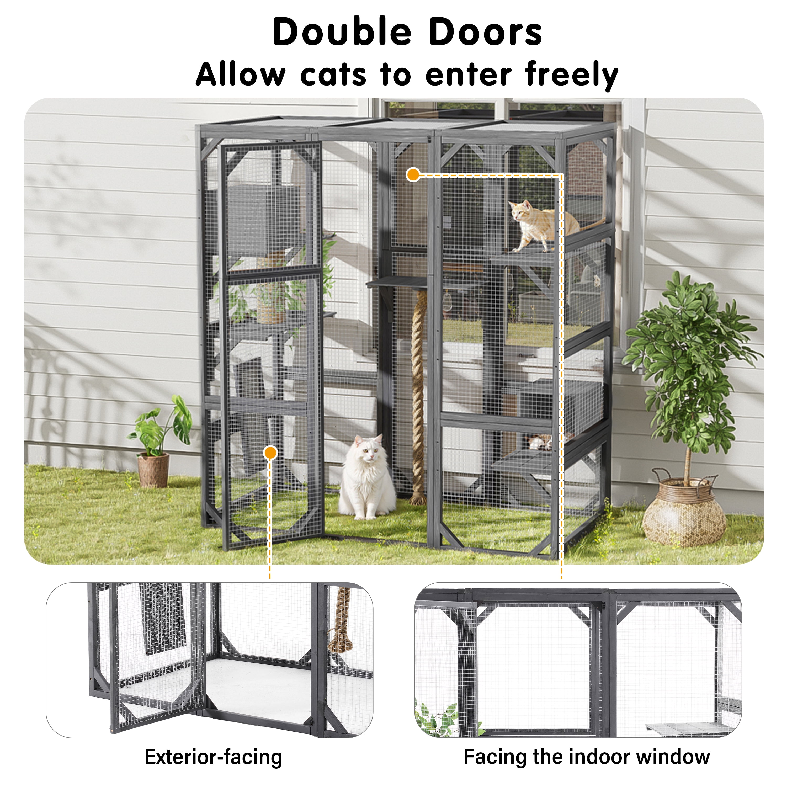 Segmart Grey Cat House Large, Weatherproof UV Proof Walk-in Wooden Cat Enclosure Large for Multiple Cats, Upgrade Luxury Cat Condo Cage Playpen with Sunshine Board, Dark Grey