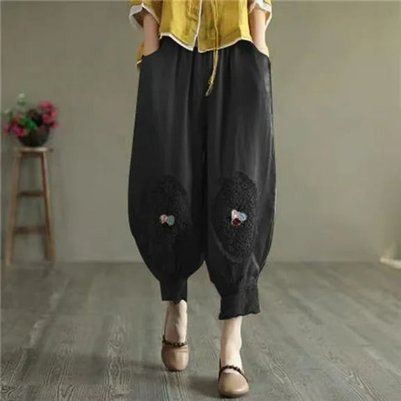 Casual Women's Trousers Women Harem Pants Flower Embroidered Cotton Linen Ankle Length Trousers Plus Size Cropped Pants,Black Women's Casual Pants XXL