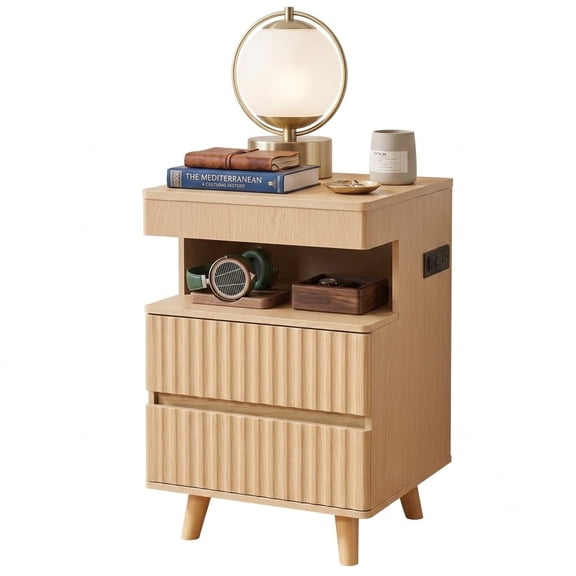Modern Fluted Nightstand with LED Lights & Charging Station, Bedside Table with 2 Storage Drawers & Hidden Drawer, Oak Finish End Table for Bedroom, Living Room
