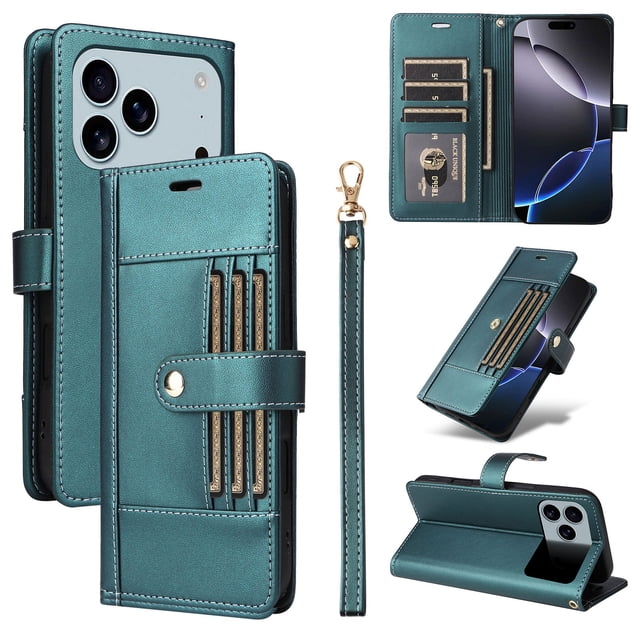 FOXDOCK Funda tipo Cartera para iPhone 17 Pro Max – Cubierta de Cuero PU con Múltiples Ranuras, Bolsillo para Efectivo y Correa de Muñeca