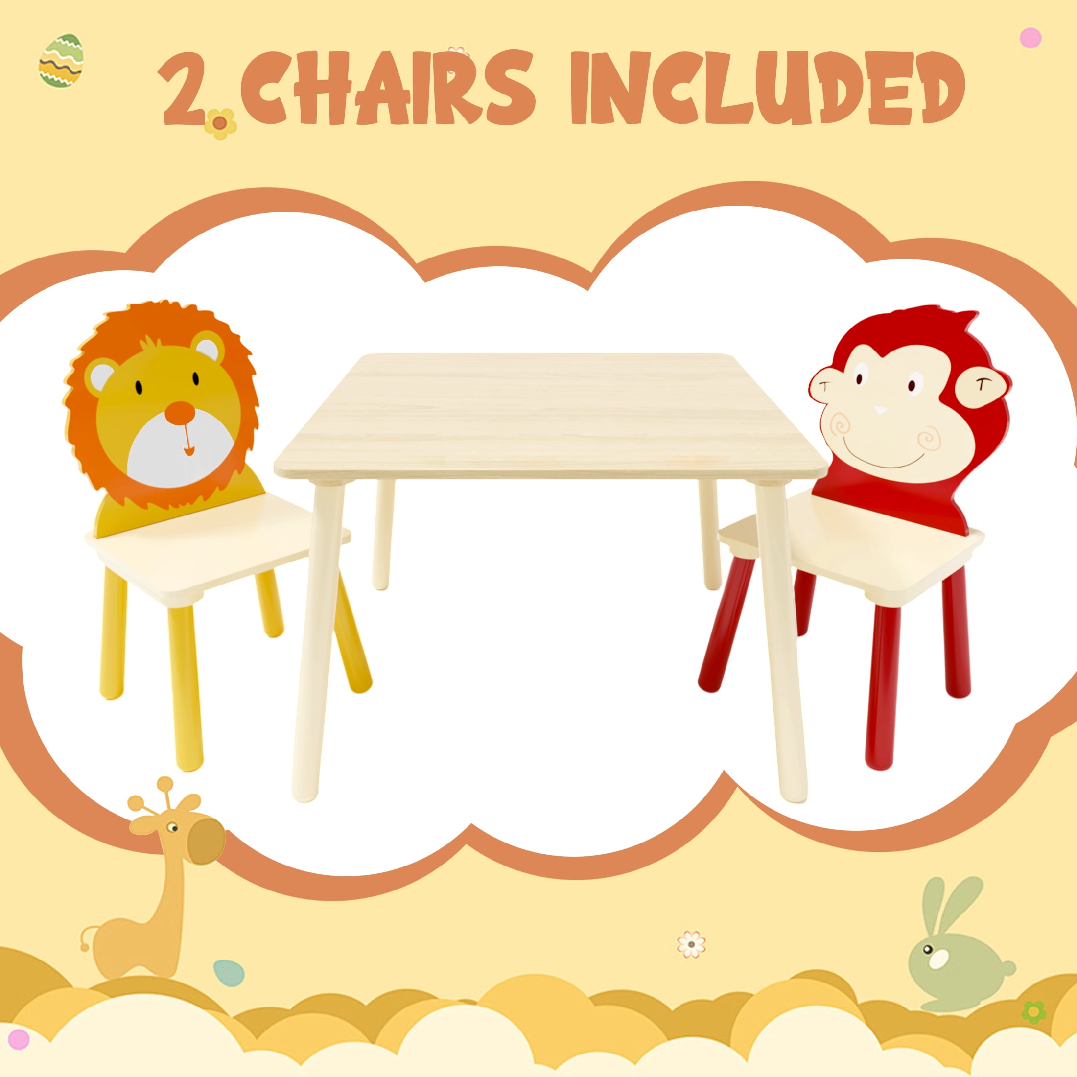 Aukfa Kids Table and Chairs Set, Wooden Play Table with 2 Animal Chairs for Toddlers, Girls, Boys