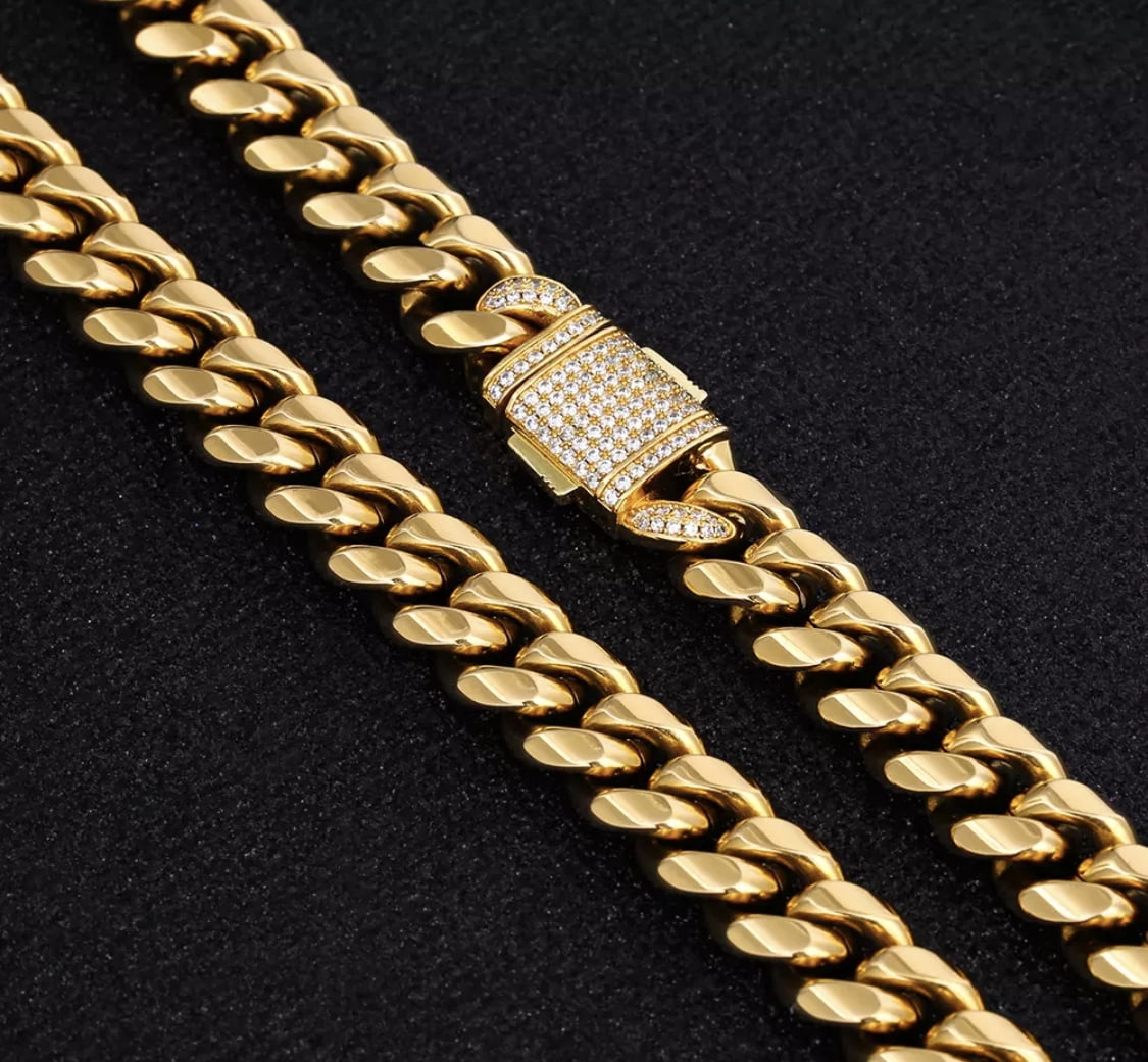 14MM 24K Cuban link chain necklace for men and women Hip hop Miami cuban  link Fashion Jewelry Diamond Cut Heavy 22 Inch 