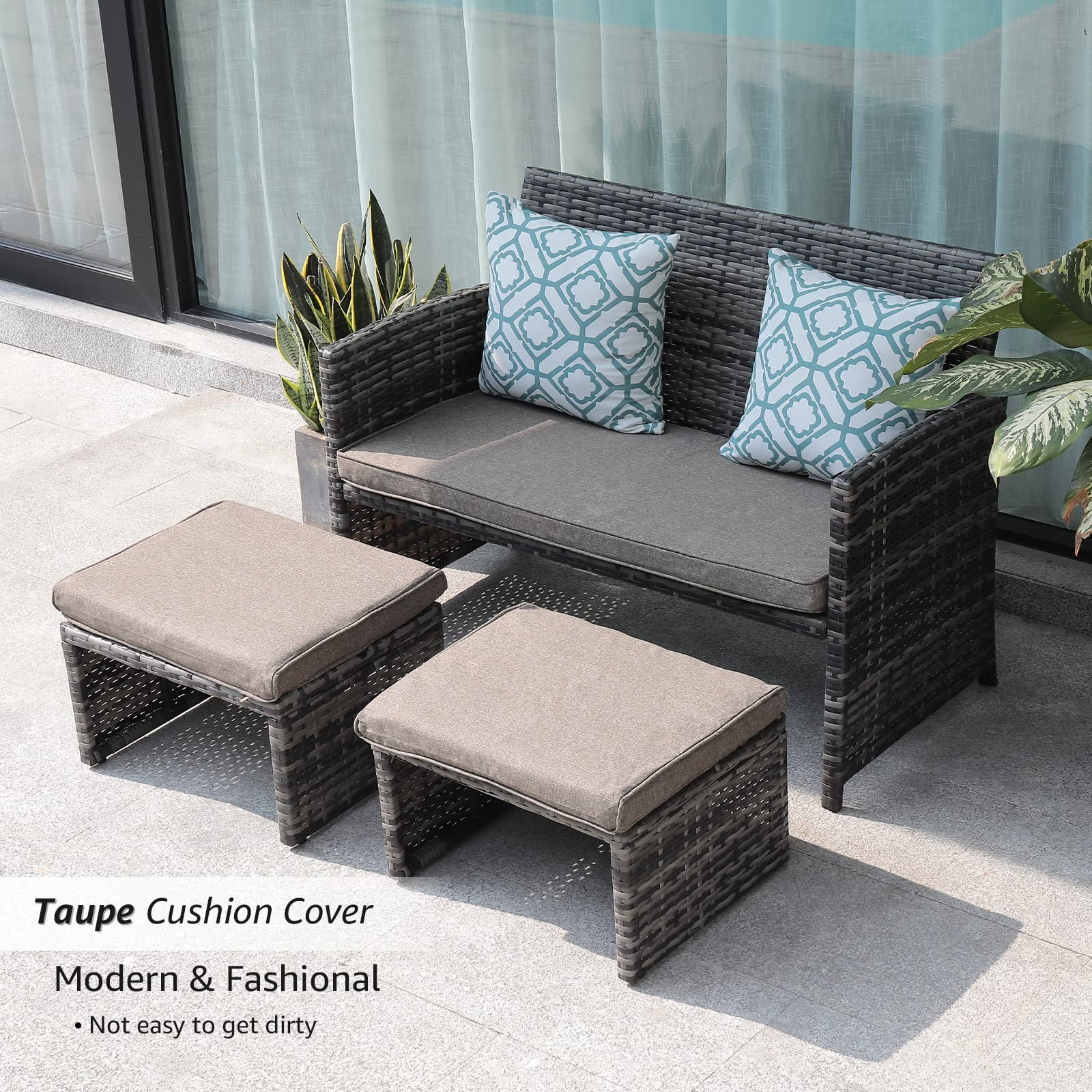 Outdoor Loveseat Patio Furniture Rattan Conversation Set, with Ottoman, Pillows Included, Grey Wicker, White Cushions