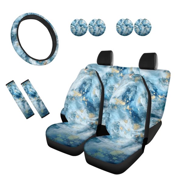 KUIFORTI Blue Tie Dye Print Car Seat Covers Full Set 11 Piece Seat Covers Steering Wheel Cover Seat Belt Pads Cover Cup Coasters Automotive Interior Accessories for Most Cars