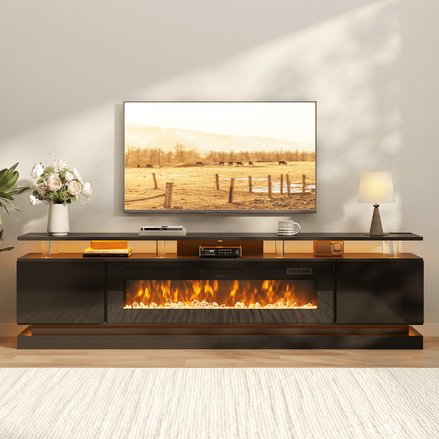 BaPiPro 90" Fireplace TV Stand for TVs up to 100", Modern Entertainment Center TV Console with Storage for Living Room, Black TV Stand and Black Fireplace