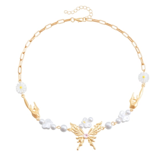 Gold Flower Butterfly Pearl Collar Necklace for Women Bohob Baroque Pearl Clavie Chain Dainty Butterfly Zircon Statement Pendant Necklace Trendy Rhinestone Jewelry Accessories Gifts