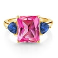thumbnail image 2 of Gem Stone King 18K Yellow Gold Plated Silver Pink and Blue Created Sapphire 3 Stone Ring for Women (7.68 Cttw, Octagon 12X10MM, Trillion 5X5MM, September Birthstone, Size 6), 2 of 3