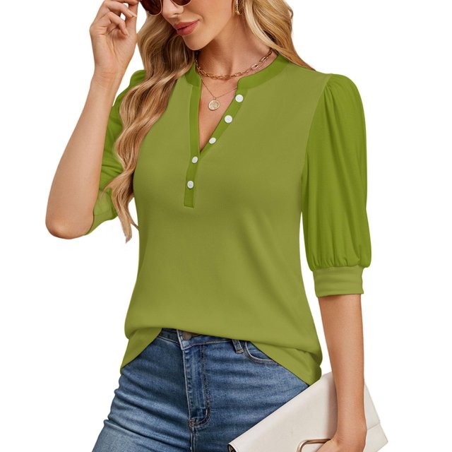 Blusa Ohhettm Summer Tops para mujer, manga corta, abullonada, color verde L
