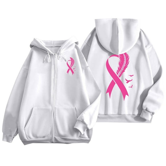 Arlun Womens Zip up Hoodies Pink Ribbon Cancer Awareness Graphic Hooded Sweatshirts Loose Fit Long Sleeve Drawstring Full Zipper Jackets with Pockets White3 XL