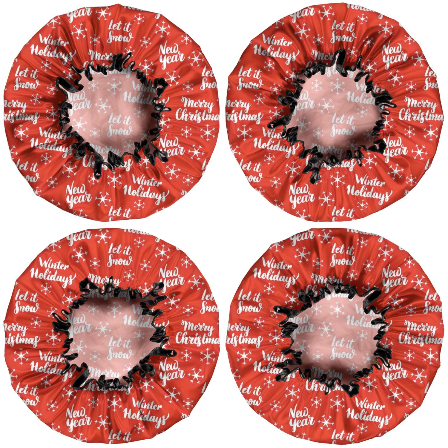 Shower Caps,Red Christmas Text and Snowflake Pattern Waterproof Shower Cap for Women 4 Pieces,Double Reusable Hair Cover for Shower PEVA Elastic Stretch Hem