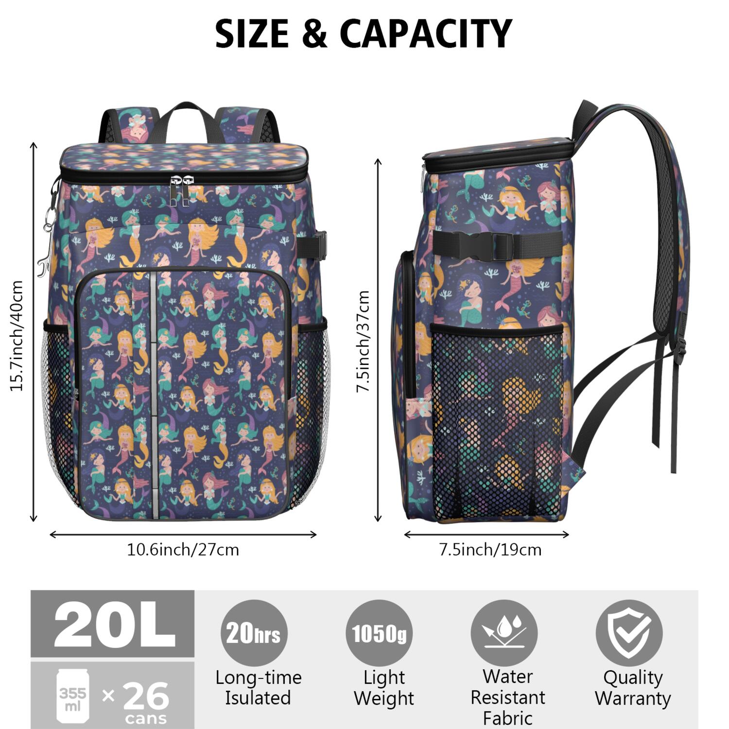 Travel Cooler Bag - Dark Blue Mermaid Princess Pattern Camping Beer Cooler Backpack with Bottle Opener- Waterproof Insulated Picnic Backpacks - Cooler Bag for Beach