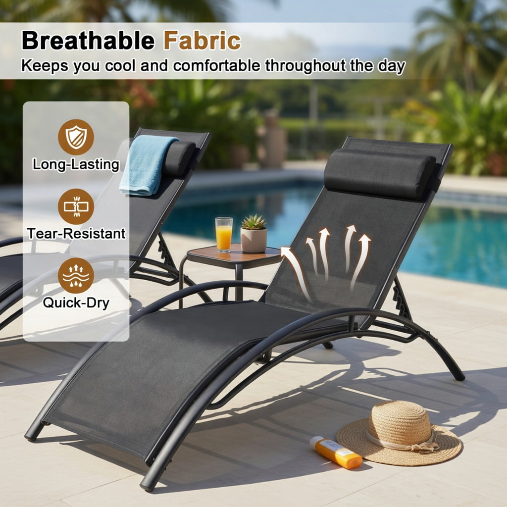 Hommoo 2-Piece Outdoor Chaise Lounge Set with 5-Position Adjustable Reclining Backrest, Heavy-Duty Metal Frame, Breathable Fabric, Black