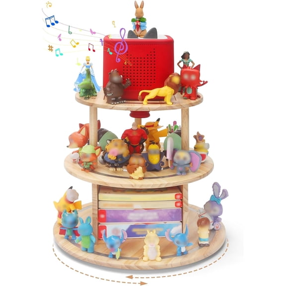 SYNYLIIFE 3-Tier Rotating Wooden Storage Shelf for Toniebox & 40 Tonies Figures, 360° Magnetic Organizer Stand Holder, Space-Saving Playroom Decor & Display Rack for Tonie Box Starter Set