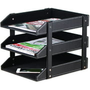 PU Leather 3-Tier Desk File Organizing Shelves, Stackable Letter Tray Holder for Office Supplies, Paper, File,