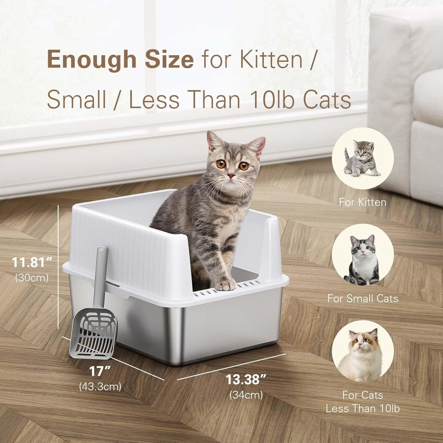 Stainless Steel Litter Box, Small Cat Litter Box with Lid, 17" L x 13.3" W x 11.8" H, Metal Litter Box for Kitty Cats with High Sided, Non-Sticky, Odorless, Spill Proof, White