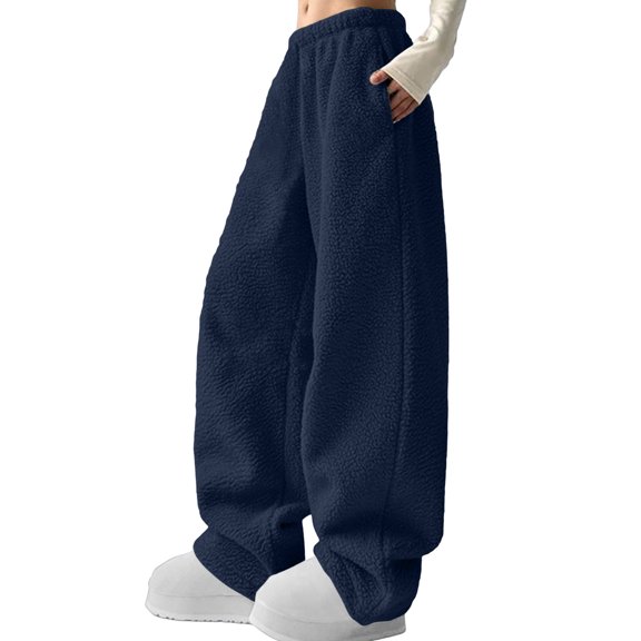 CQONEPT Pants for Women Thick Thermal Loungewear Tapered Pajama Pant with Pockets Cozy Drawstring Elastic Waisted Fall Winter Trousers Navy M