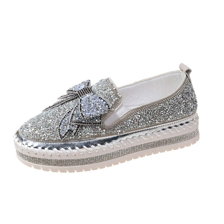 Lovskoo 2024 Women's Platform Shoes Plus-Size Flat Color-Matching  Rhinestones Slip-On Loafers Silver