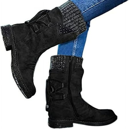 

HOLXI 2024 Womens Mid Calf Snow Boots Winter Round Toe Low Heel Knight Boots Fashion Side Zipper Warm Combat Booties Cowboy Boots for Women