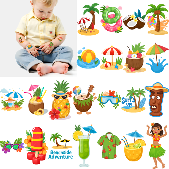 54pcs Temporary Tattoo Stickers Waterproof Long Lasting Body Stickers Hawaiian Beach Coconut Tree Ice Cream Swim Ring Kids Boys Girls Tattoo Stickers Arm Arms Shoulder Cheek