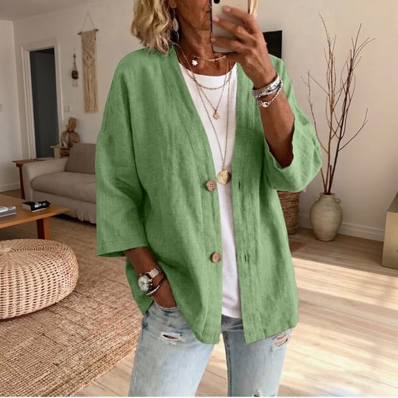 BRELIL Women's 3/4 Sleeve Button Down Cardigan Open Front Casual Shacket Fall Outfit Loose Knit Top for Women Autumn Vacation, Green 2XL