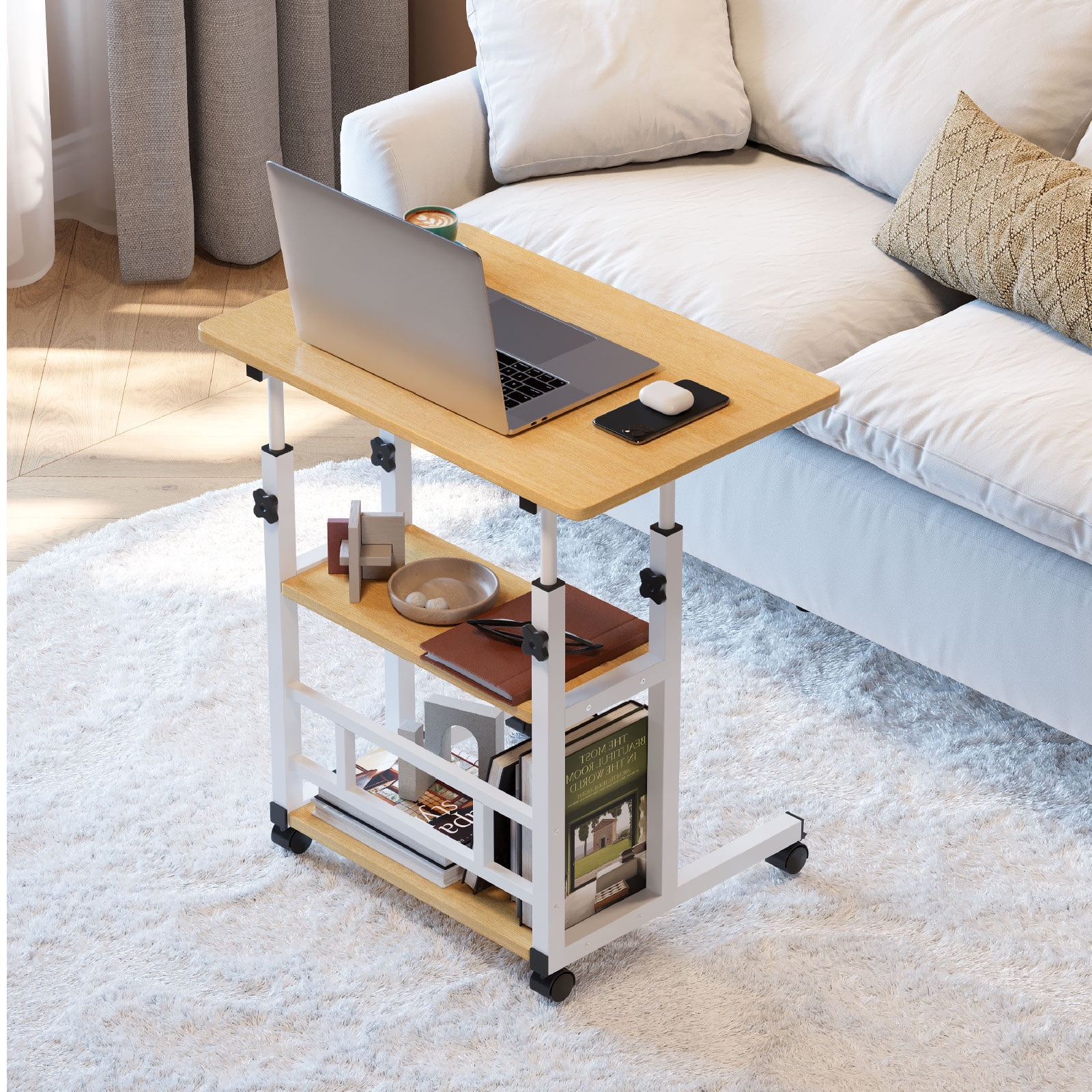 Furnibear Portable Rolling Desk on Wheels, Height Adjustable Desk with 2 Tier Storage Shelves, Standing Table for Office, Natural Color