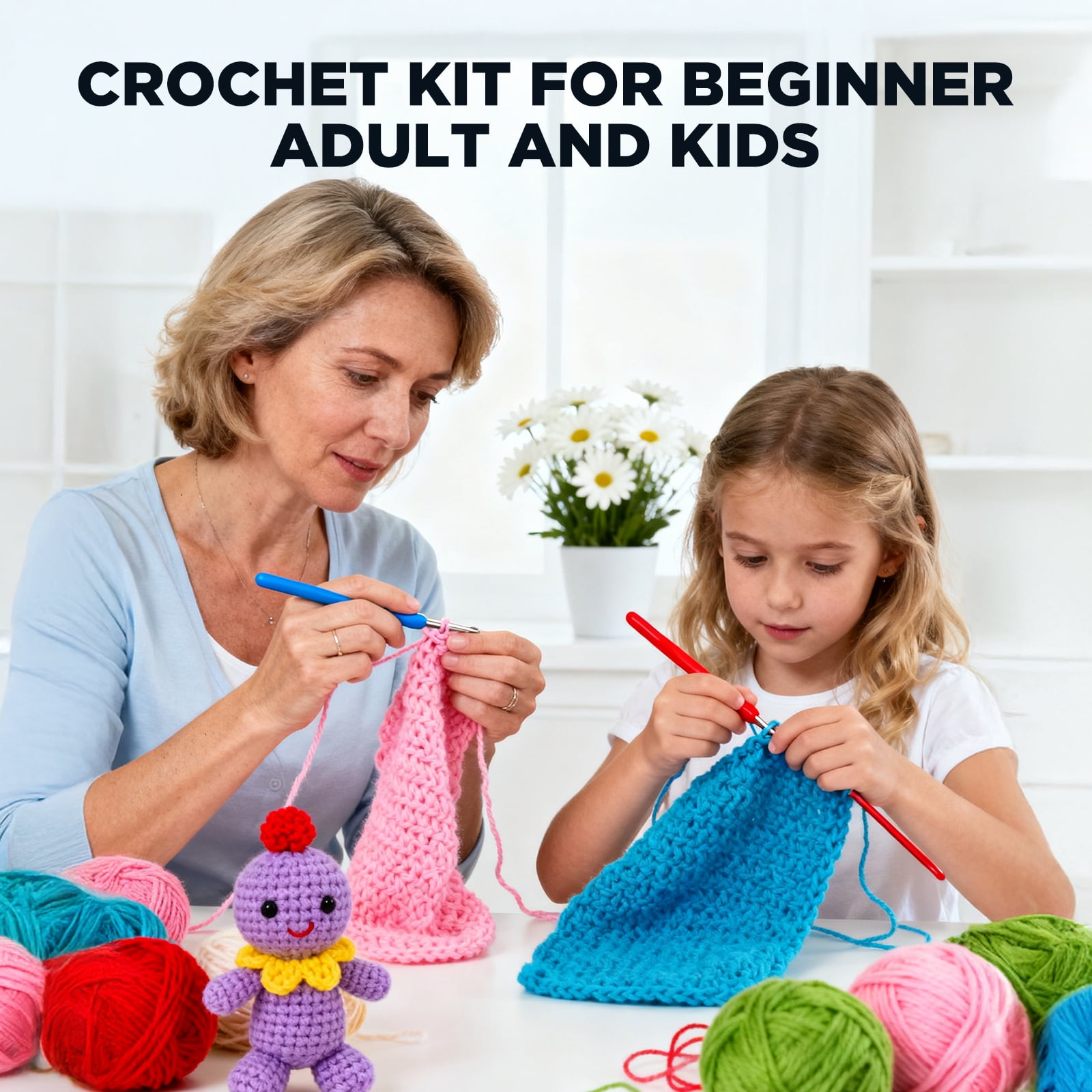 HUANCTOMA  Crochet Kit for Beginners Adults and Kids,Knitting Supplies With 1800yd Acrylic Yarn 21 Ergonomic Hooks Canvas Storage Bag Lots more
