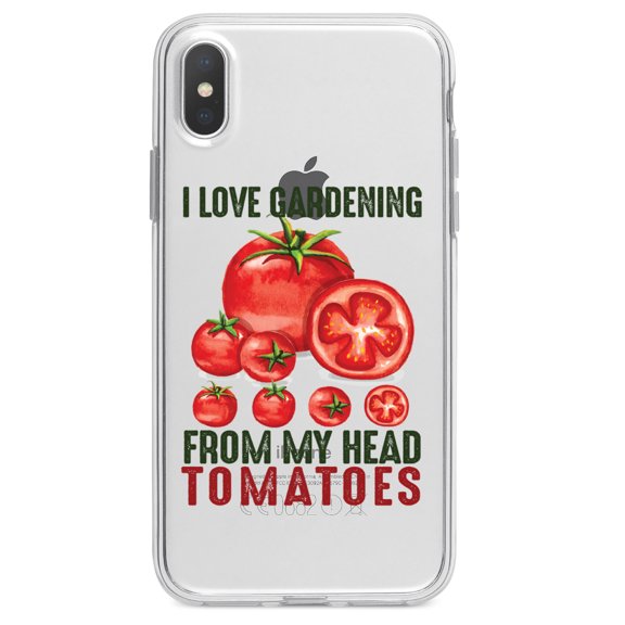 DistinctInk Clear Shockproof Hybrid Case for iPhone XR (6.1" Screen) - TPU Bumper Acrylic Back Tempered Glass Screen Protector - I Love Gardening from My Head Tomatoes