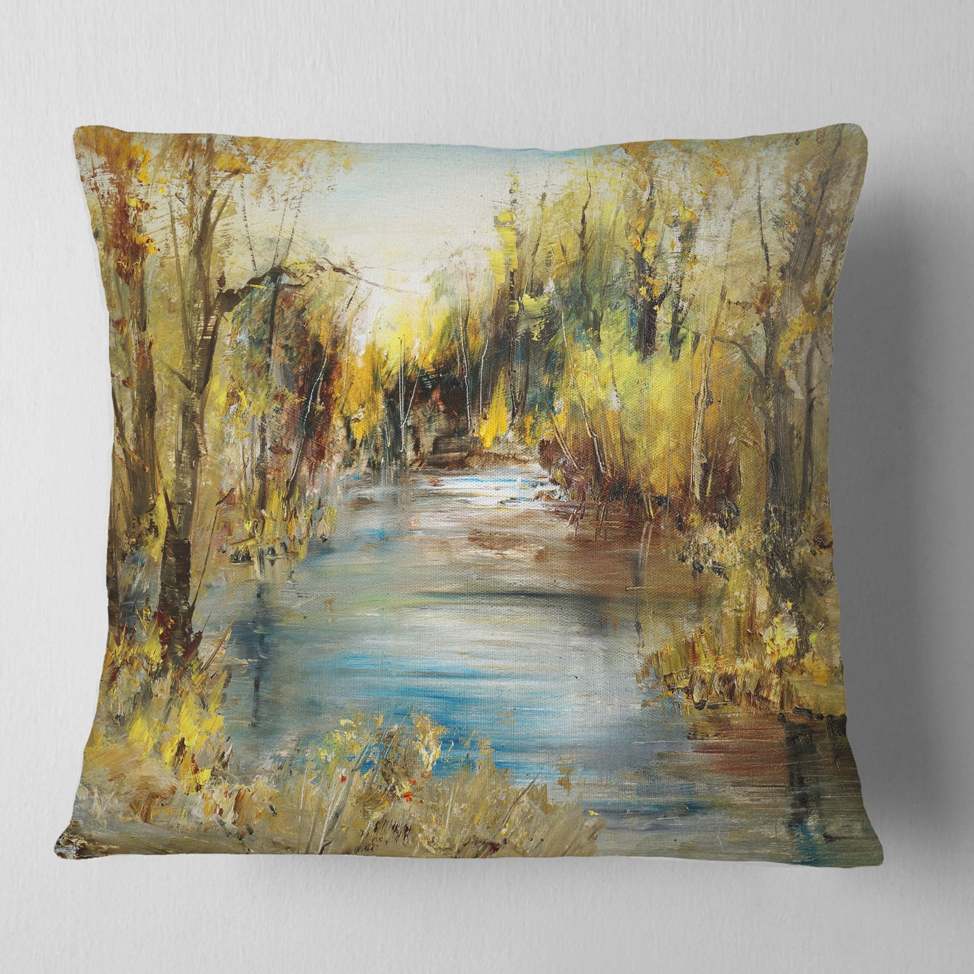 Designart Lake in Forest Oil Painting - Landscape Painting Throw Pillow - 18x18