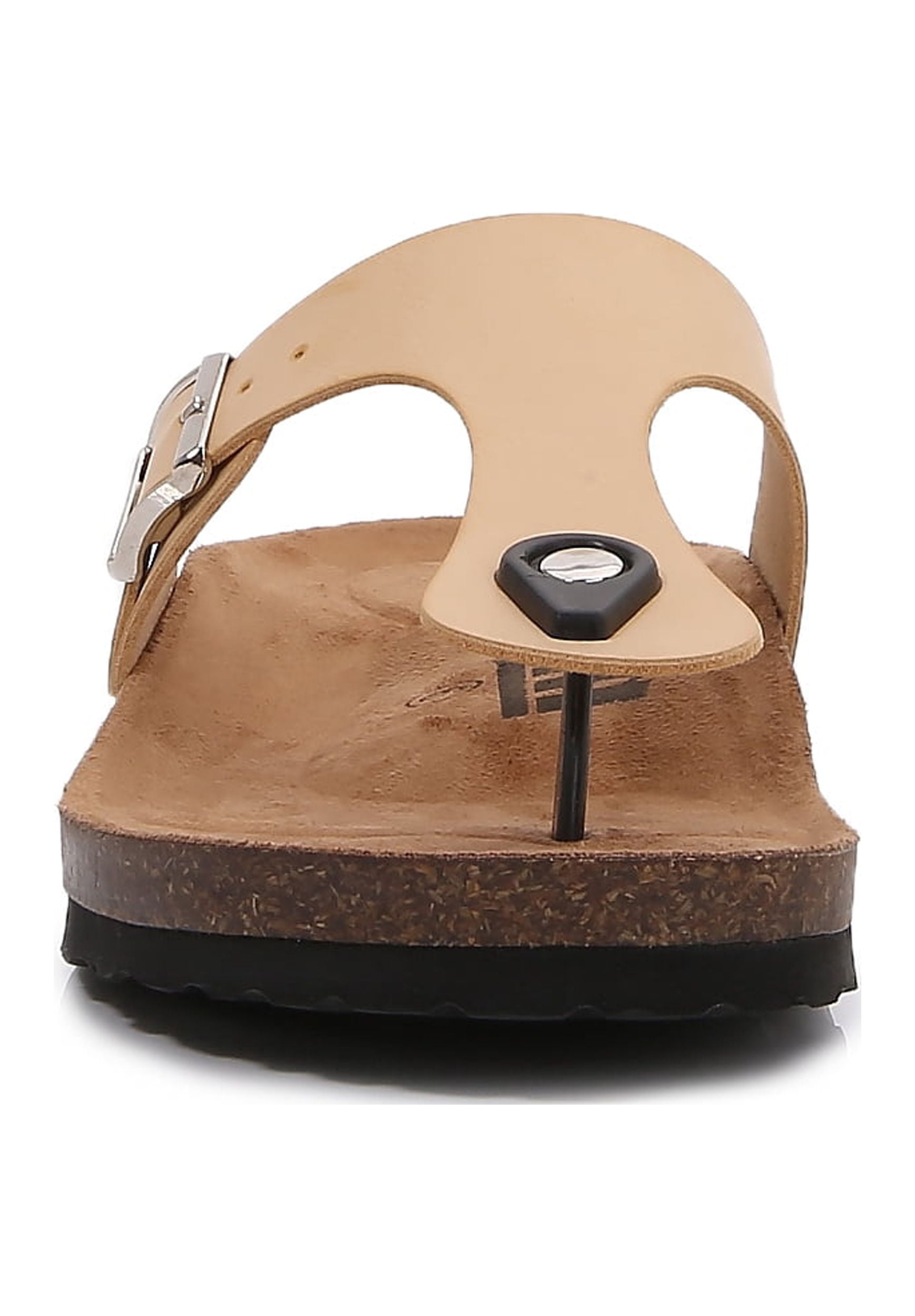 Women Soft Cork Footbed PU Leather Hook and Loop T Strap Flip Flops (PU Apricot / 8 )