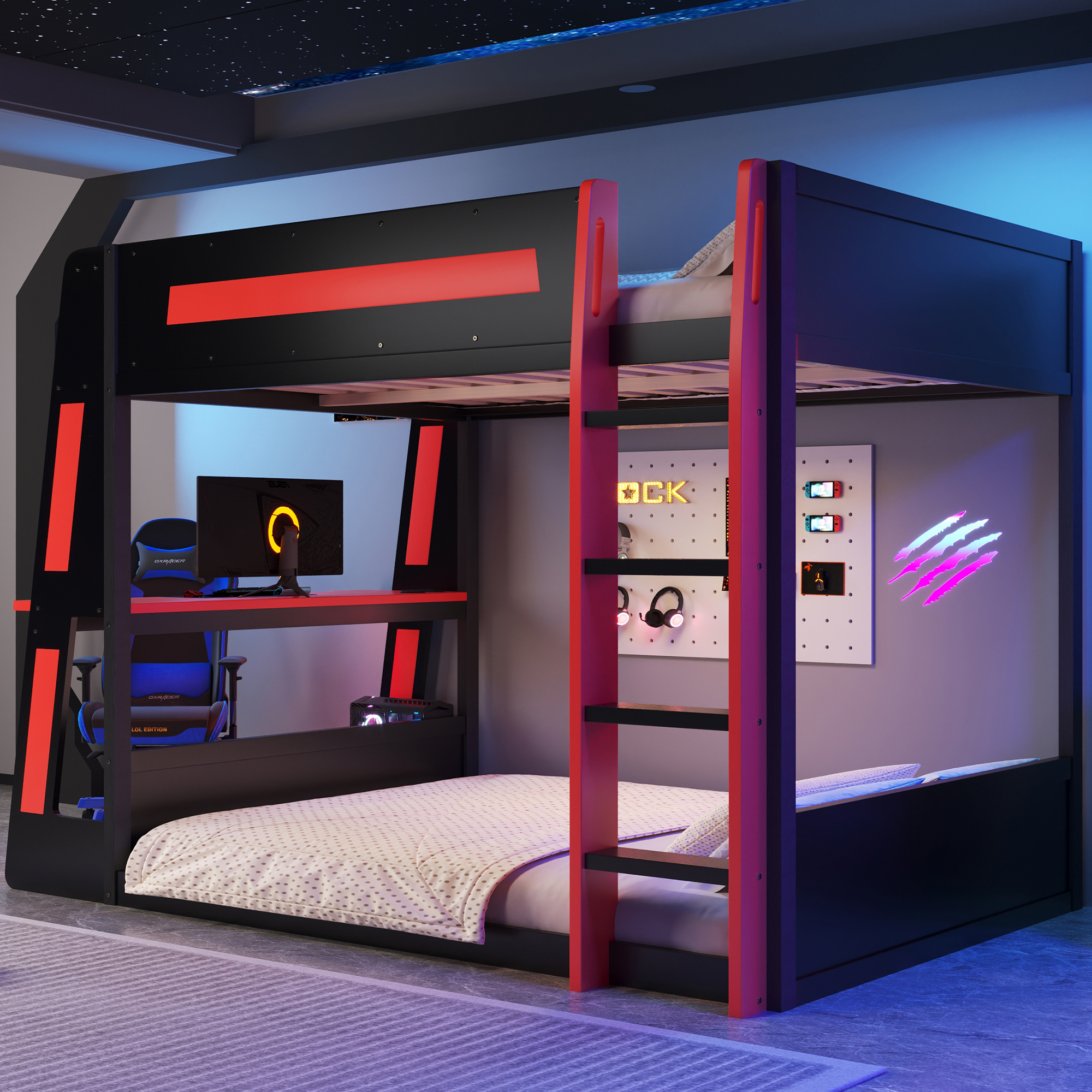 Euroco Wood Full over Full Size Bunk Bed with Shelves, Gaming Bed with Desk, USB Charging and LED Light, Black&Red