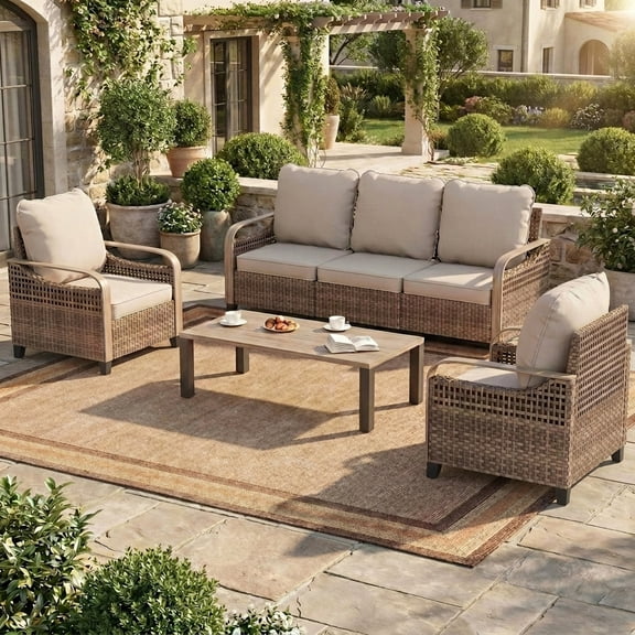 Poteban Outdoor Patio All Weather Wicker Furniture Sets,with Coffee Table, Conversation Sets and Ottoman,for Pool, Backyard, Garden, 4 Pieces