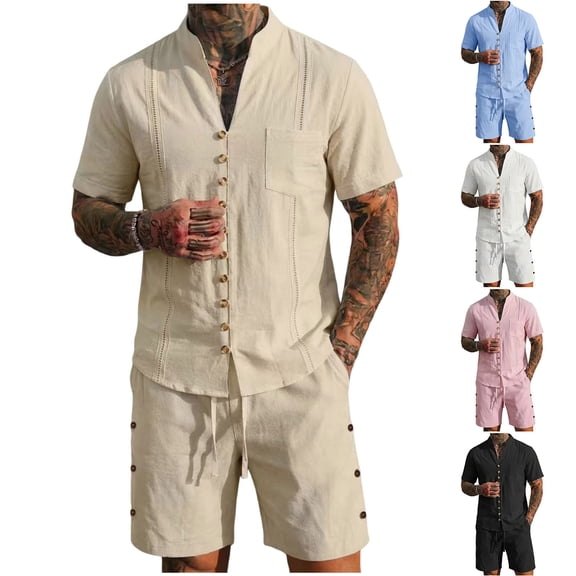 HBGVBA Men Solid Color Casual Vintage Linen Elastic Waist Shorts Button Stand Collar Pocket Short Sleeve Shirt 2 Piece Beach Set