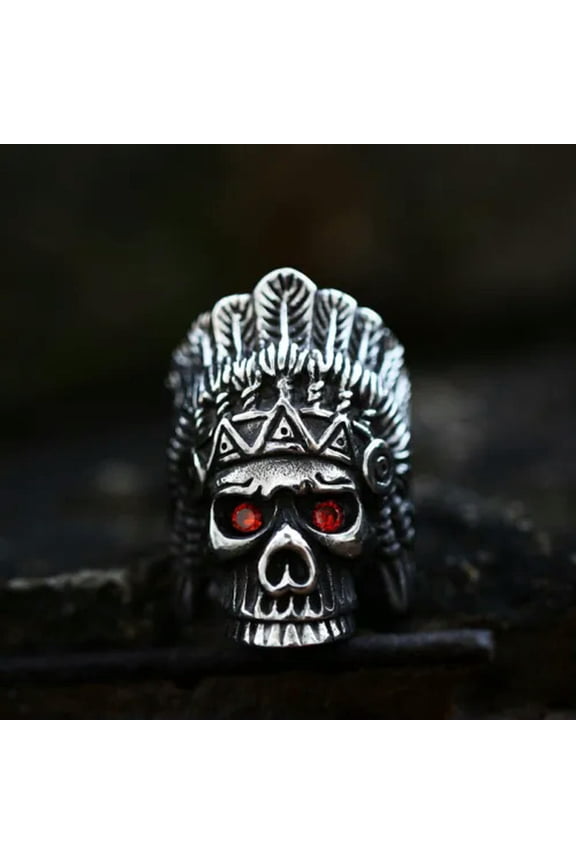 Vintage Feather Skull Indian Chief Skull Ring Stainless Steel Gothic Biker Ring-12