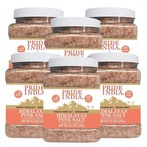Pride Of India - PACK of 6 - Pure Himalayan Pink Salt - Enriched w/ 84+ Natural Minerals, Medium Grind 2.2 Pound (35.2oz) Jar - Himalayan Salt, Himalayan Pink Salt, Pink Himalayan Salt, Grind Salt