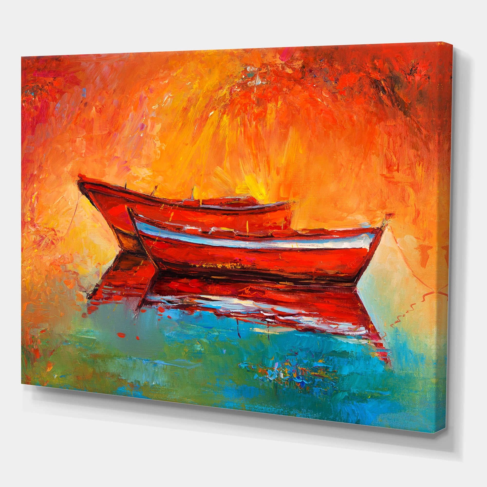 Designart ' Two Red Boats During Sunset In Lake ' Nautical & Coastal Canvas Wall Art Print