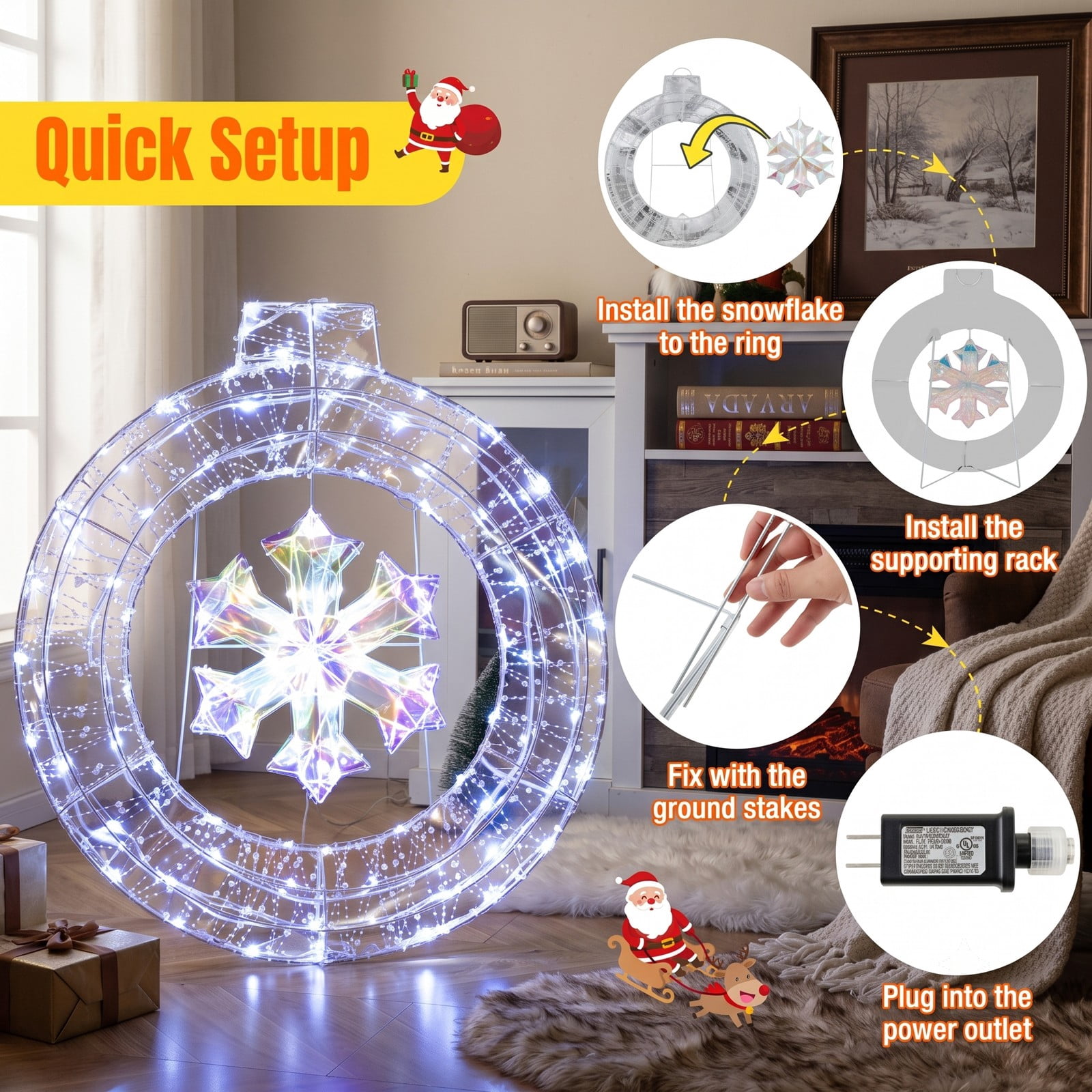 RUIE 33 Inch Lighted Christmas Snowflake Ornament with 128 Cold White LED Lights, Hanging Ring and Support Bracket for Indoor Outdoor Holiday Door Decoration, Cold White