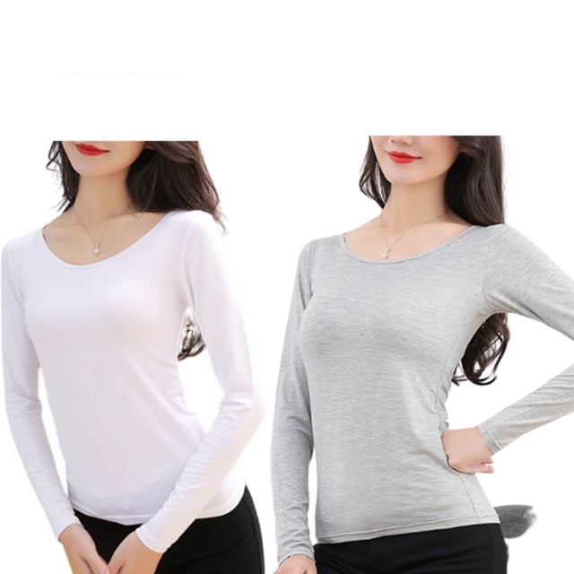 Ropa interior térmica femenina de manga larga con cuello redondo, camisa de fondo de otoño para el hogar y la Oficina, ropa interior para Prendas para la parte del cuerpo 2 piezas blanco gris L Jumpingount AP013721-11