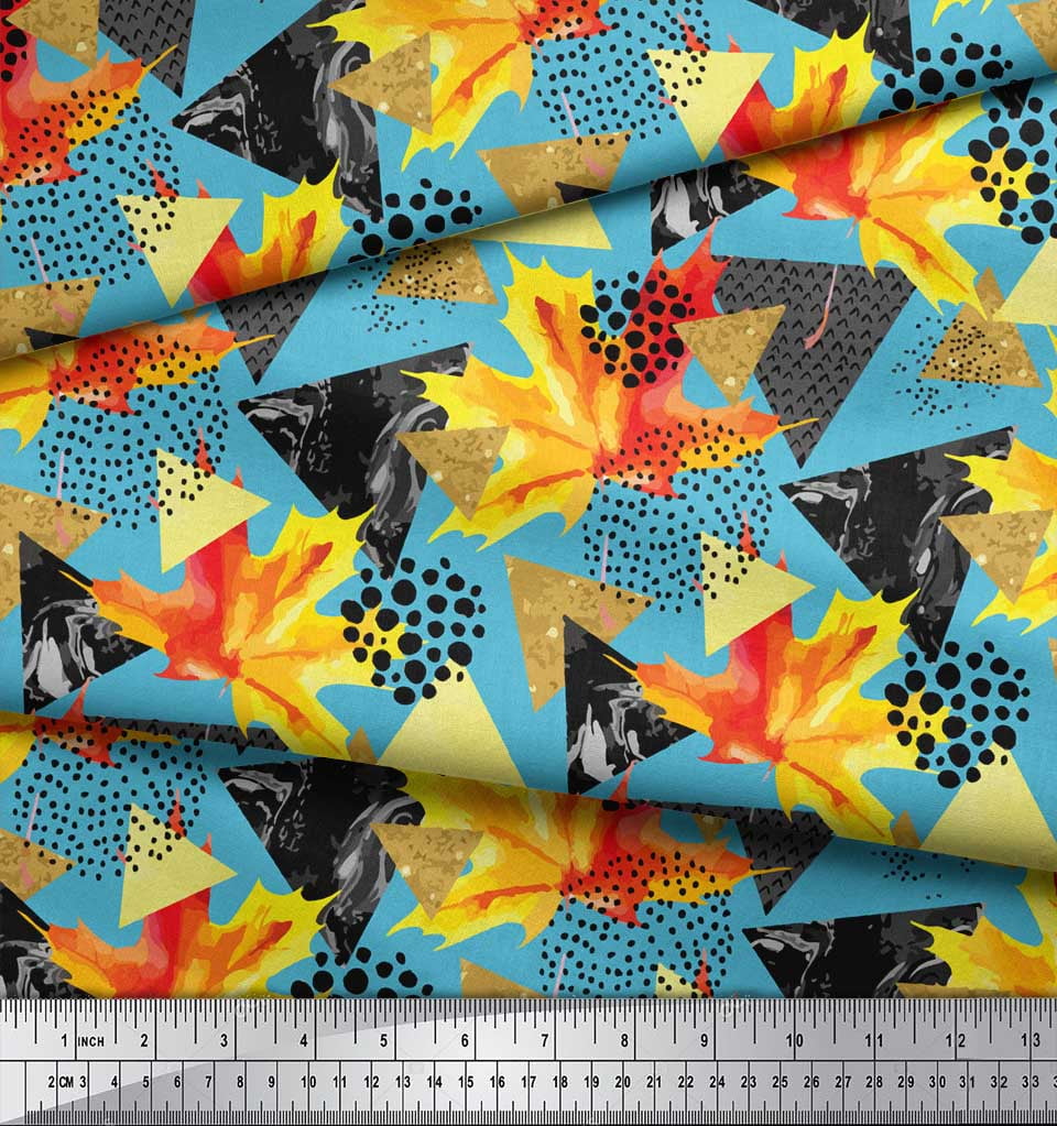 Soimoi Blue polyester Crepe Fabric Triangle,Autumn Leaves & Brush Stroke Abstract Decor Fabric Printed Yard 42 Inch Wide