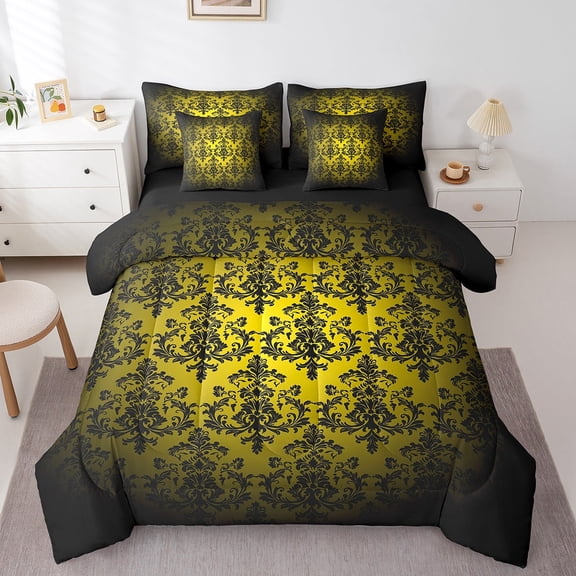 Erosebridal Hippie Damask Bedding Sets Full Size, Yellow Flower Print Bedding Full Size, Tribal Boho Style Reversible Comforter Sets with Sheets, Super Cozy Room Decorative, 7pcs