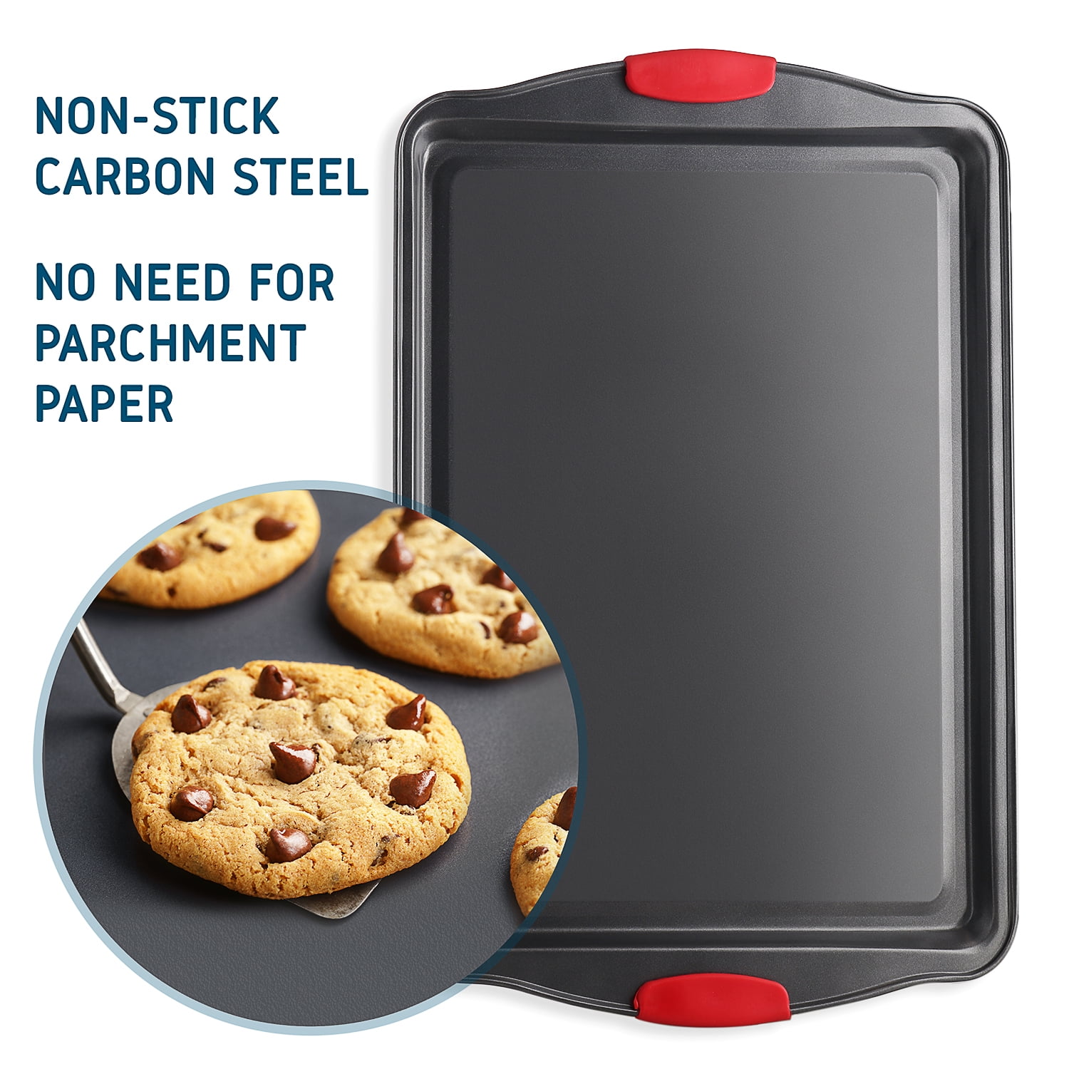 LammaLoe Baking Pans Carbon Steel, Non Stick Cookie Sheet Set with Silicone Handle, Baking Sheet, 2 Large Pieces, Black