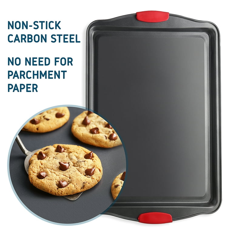 2-Piece Black Steel Nonstick Large and Medium Baking Cookie Sheet Set w/Silicone Handles