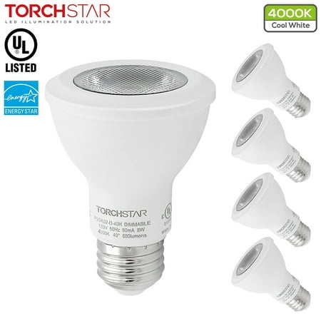

TORCHSTAR 8W Dimmable PAR20 LED Spot Light Bulbs for Recessed Track Lighting 50W Equivalent Damp Location Available 4000K Cool White E26 Medium Screw Base Energy Star & UL Listed Pack of 4