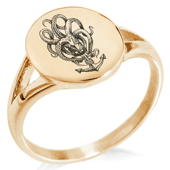 Stainless Steel Nautical Octopus Anchor Minimalist Oval Top Polished Statement Signet Ring
