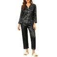 thumbnail image 2 of INSPIRE CHIC Women's Satin Lounge Set Long Sleeve Button Down Shirts with Pants Silky Pajamas L Black, 2 of 7