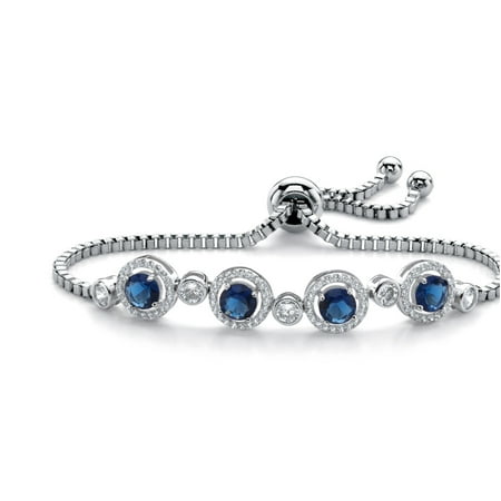 Ceramic Sapphire Bracelet - Round Simulated Sapphire and Cubic Zirconia 3.52 TCW Adjustable Halo Slider Bracelet in Silvertone 9