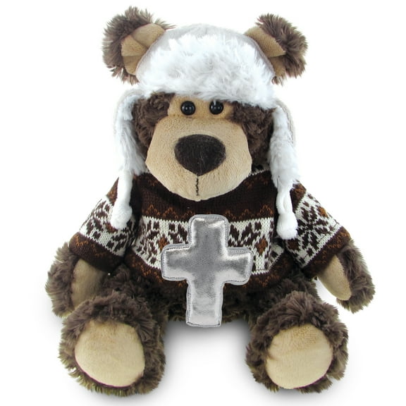 DolliBu Grizzly Bear Stuffed Animal with Silver Cross Plush - Religious Baptism Gifts for Boys and Girls, Dedication Christening Gifts Plush Prayer Toy Healing Stuffed Animal - 9 Inches