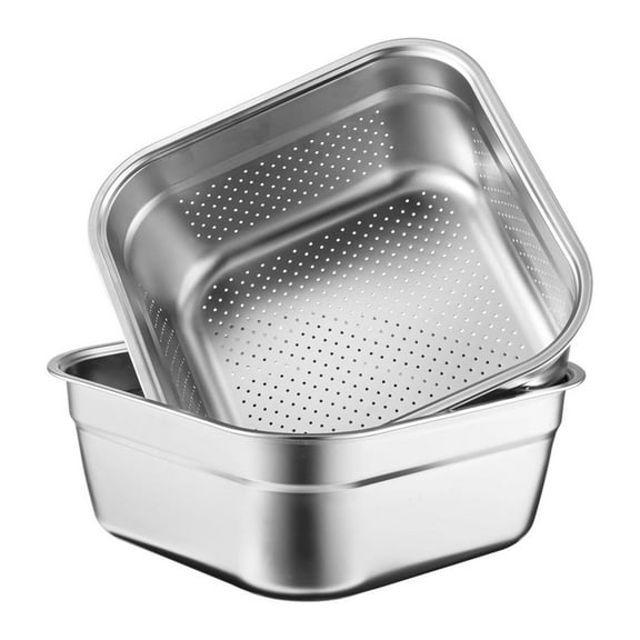MOPOOR Stainless Steel Bowl Set Square Kitchen Sink Metal Storage Basket Capacity Fruit Vegetables Washing Basin Rice Strainer Washer Multi Kitchen Basket for Efficient Cleaning Preparation 