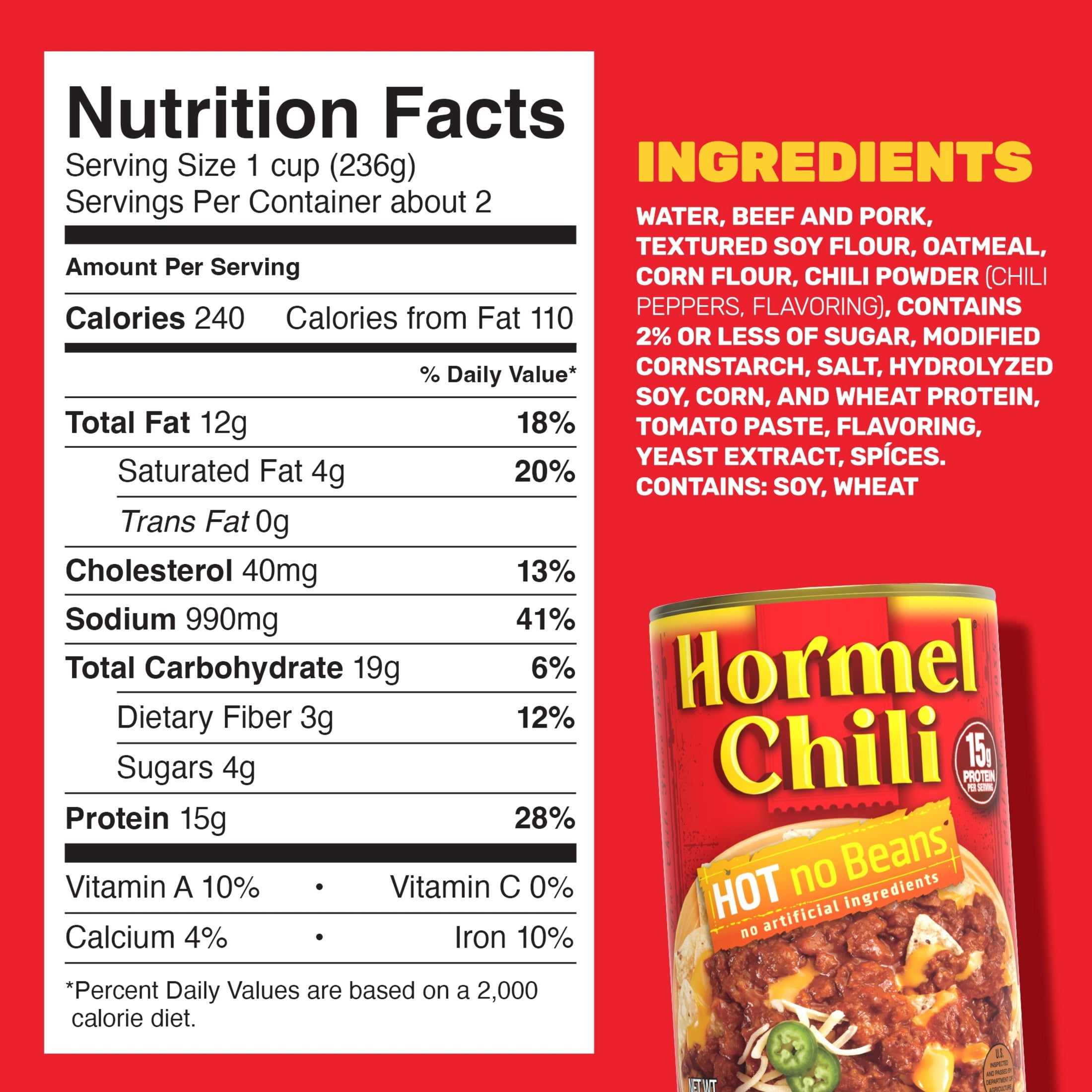 (4 pack) HORMEL Chili Hot No Beans, No Artificial Ingredients, Steel Can 15 oz