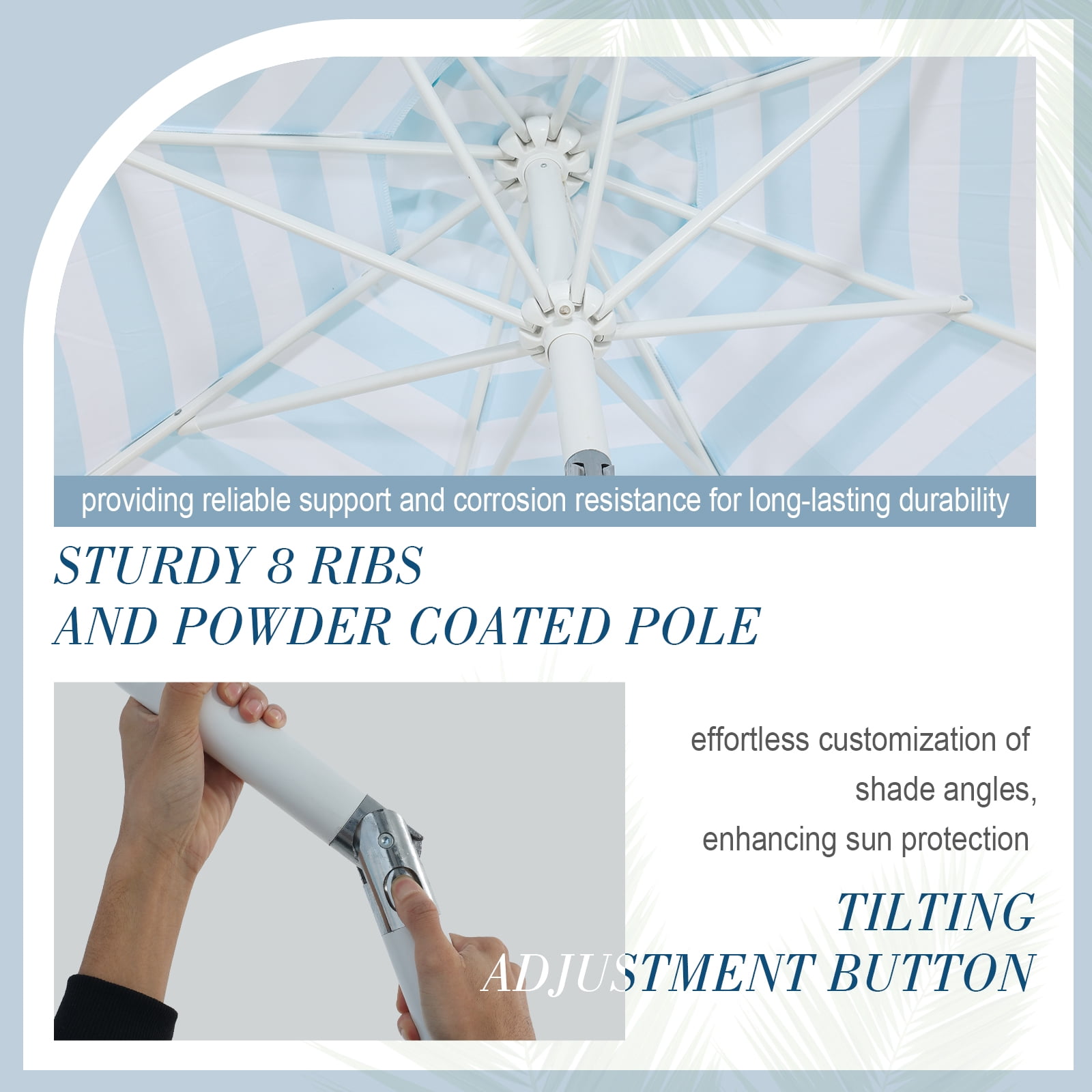 BPS 9FT Outdoor Patio Umbrella with Push Button Tilt & Crank, 8 Sturdy Ribs, UV Protection, Sky Blue-White Stripes