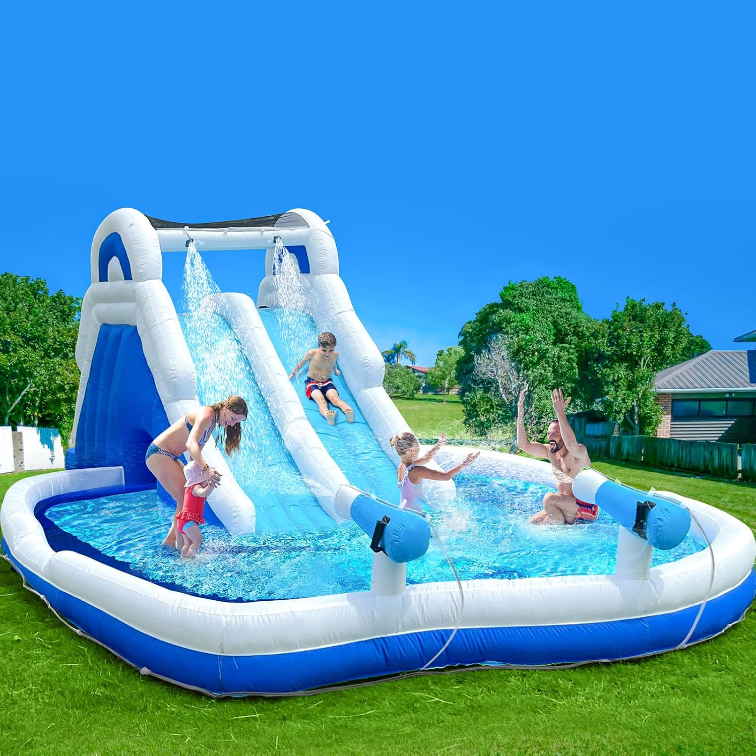 Inflatable Double Water Slide with Climbing Wall & Large Splash Pool - Backyard Kids Water Park with Blower & Accessories, Blue & White